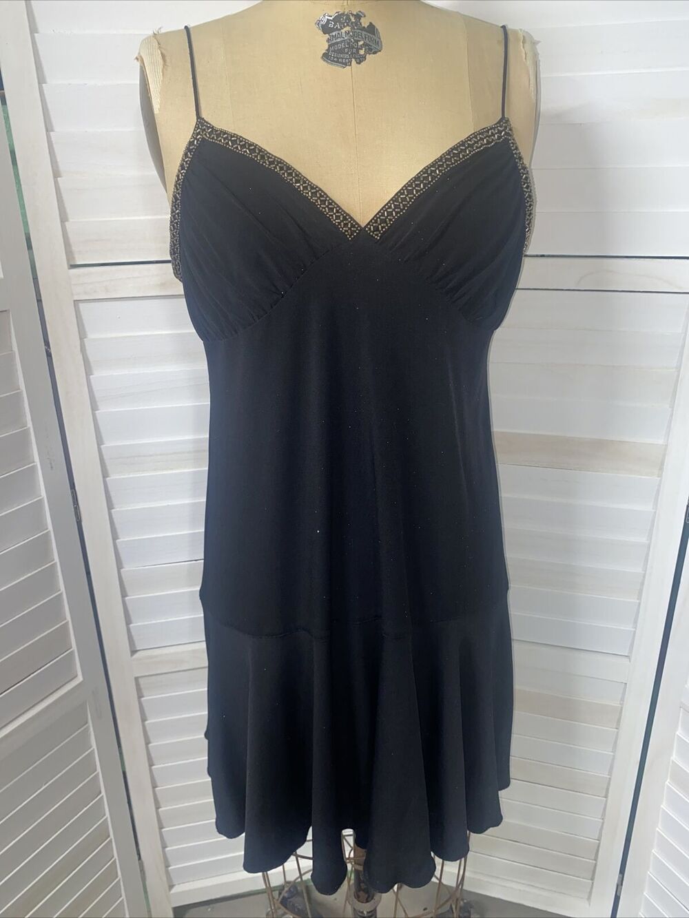 90s Y2K Eva Blue Black Glitter Slip Dress Beaded Cocktail Fit N Flare Sz 12 LRG